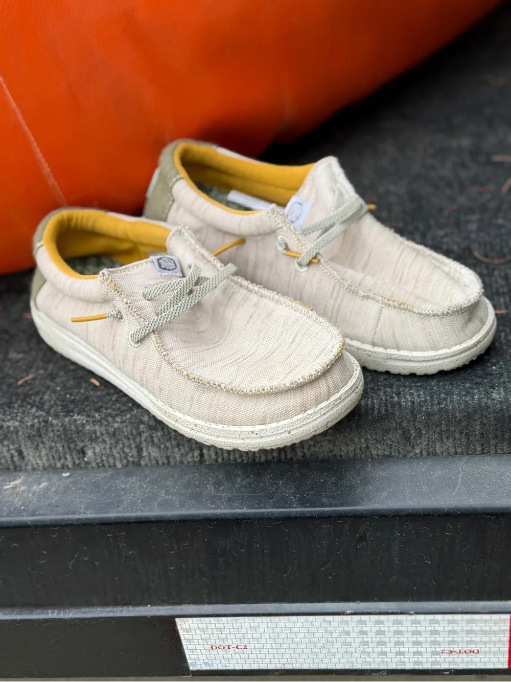 Hey Dude Beige Canvas Slip-On Shoes with Olive Laces and Yellow Trim size 2